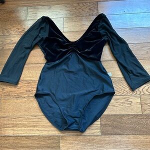 SOLD Class In Black Velvet Bust Mesh Long Sleeve Leotard Size Adult Petite Extra